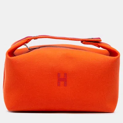 Pre-owned Hermes Orange Red Large Toile Bride A Brac Case