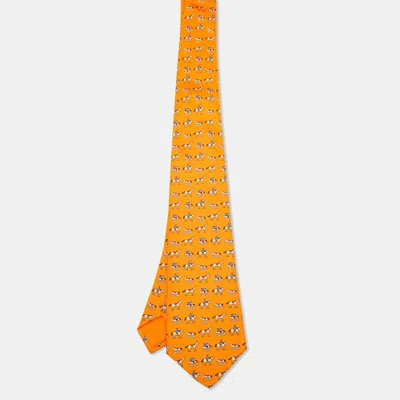 Pre-owned Hermes Hermès Orange Rocking Horse Print Silk Tie