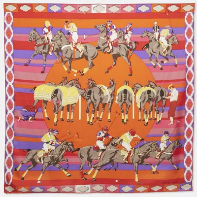Pre-owned Hermes Hermès Orange Silk Les Poneys De Polo Scarf
