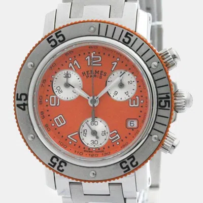 Pre-owned Hermes Orange Stainless Steel Clipper Quartz Women's Wristwatch 33 Mm