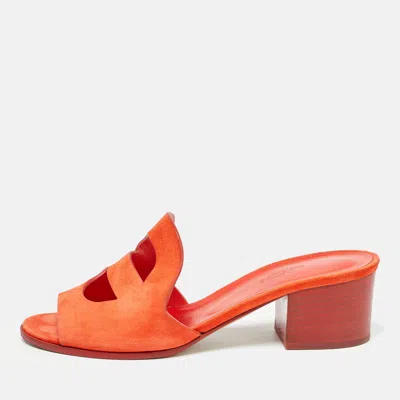 Pre-owned Hermes Orange Suede Mona Slide Sandals Size 37.5