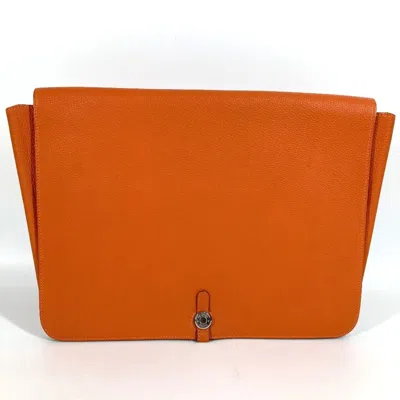 Pre-owned Hermes Orange Taurillon Clemence Leather Clutch Bag Pouch ()