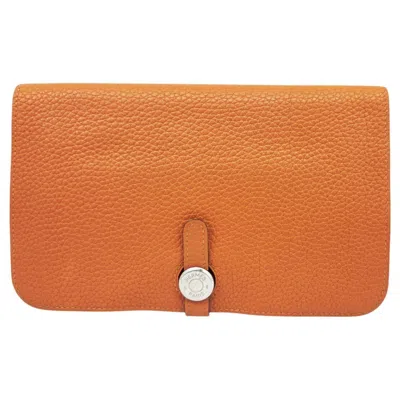 Pre-owned Hermes Orange Taurillon Clemence Leather Wallet (bi-fold) ()