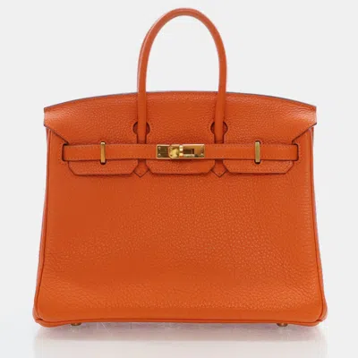 Pre-owned Hermes Orange Togo Ghw Birkin 25 Handbag