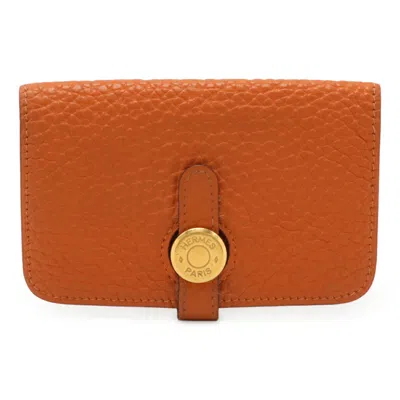 Pre-owned Hermes Orange Togo Leather Coin Purse/coin Case ()