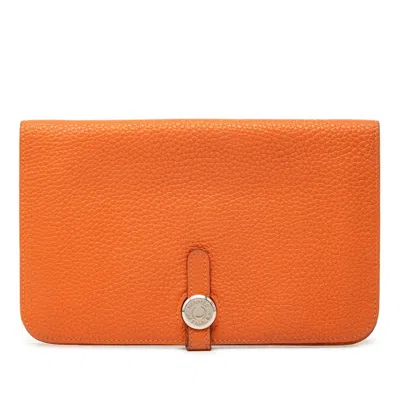 Pre-owned Hermes Orange Togo Leather Long Wallet (bi-fold) ()