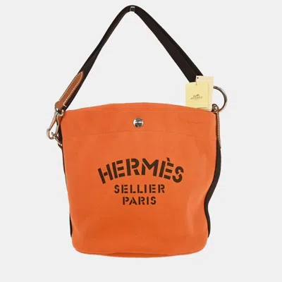Pre-owned Hermes Orange Toile Chevron Sac De Pansage Bucket Shoulder Bag