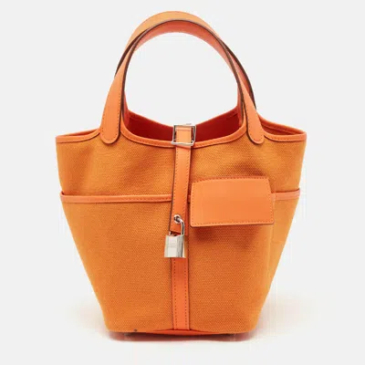 Pre-owned Hermes Hermès Orange Toile Goeland And Swift Leather Cargo Picotin Lock 18 Bag