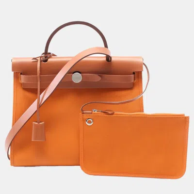 Pre-owned Hermes Orange Toile Military Canvas Leather Silver Hardware 2way Herbag Zip 18