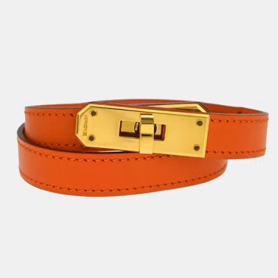 Pre-owned Hermes Orange Veau Gulliver Kelly Double Tour Bracelet Bangle