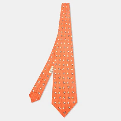 Pre-owned Hermes Hermès Orange Whimsical Chickens Print Silk Classic Tie