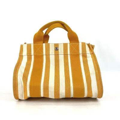 Pre-owned Hermes Orange White Canvas Handbag Tote Bag ()