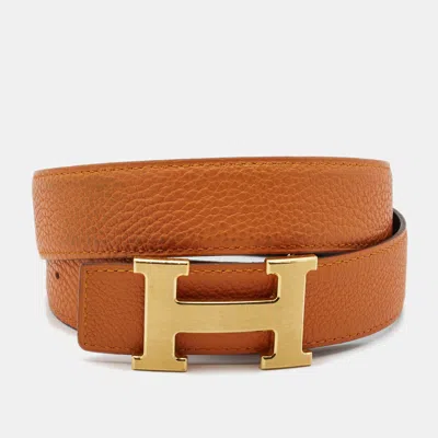 Pre-owned Hermes Orange/black Togo And Box Leather H Buckle Reversible Belt 75cm