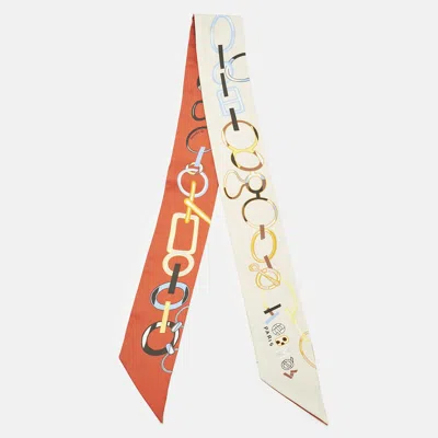 Pre-owned Hermes Hermès Orange/off-white Do Re Boucles Silk Twilly