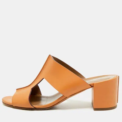 Pre-owned Hermes Ostia Size 39 Brown Leather Slide Sandals