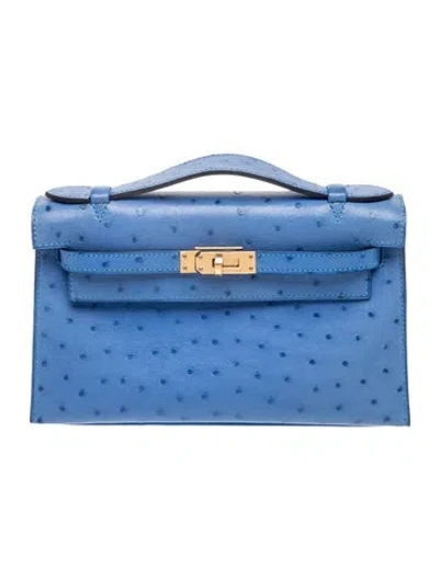 Pre-owned Hermes Ostrich Kelly Pochette In Blue