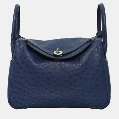 Pre-owned Hermes Ostrich Lindy 30 Bag In Blue