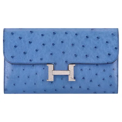 Pre-owned Hermes Ostrich Skin Constance Long Wallet In Blue