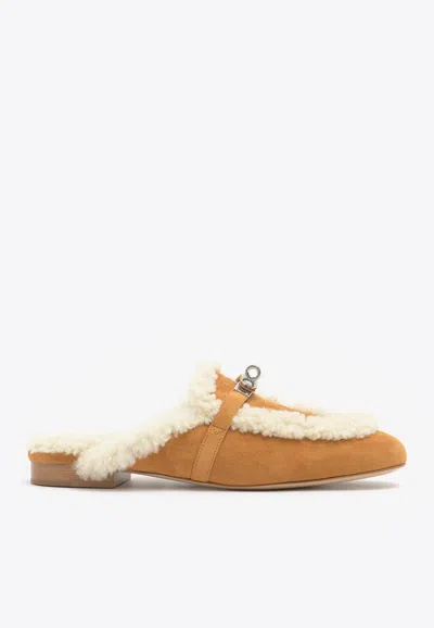 Pre-owned Hermes oz Flat Mules In Naturel Suede And Ecru Shearling With Palladium Kelly Buckle