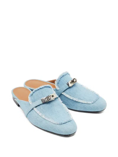 Pre-owned Hermes oz Frayed Denim Mules In Blue