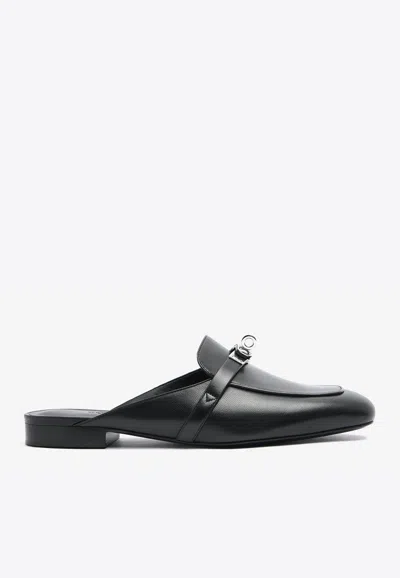 Hermes oz Leather Flat Mules With Palladium Kelly Buckle In Black