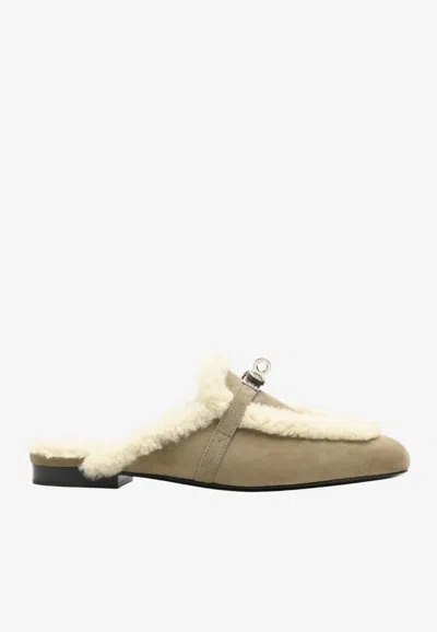 Hermes oz Mules In Etoupe Suede And Ecru Shearling In Brown