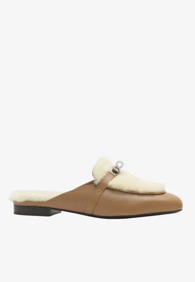 Hermes oz Mules In Naturel Goatskin And Ecru Shearling In Brown