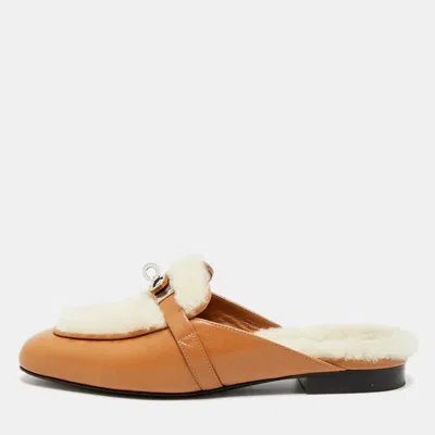 Pre-owned Hermes oz Size 36 Brown Fur And Leather Mules
