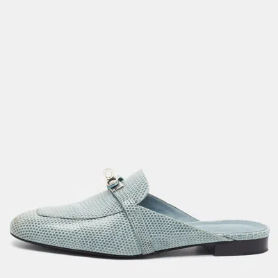 Pre-owned Hermes oz Size 39 Blue Lizard Leather Flat Mules