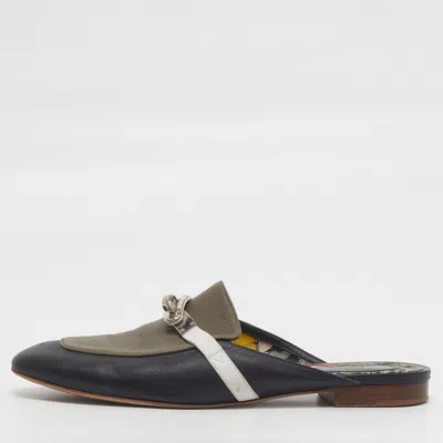 Pre-owned Hermes oz Size 41 Black/olive Green Leather Flat Mules