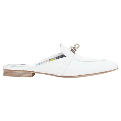 Pre-owned Hermes oz White Calfskin Leather Silver Kelly Turnlock Mules Eu37
