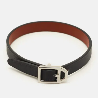 Pre-owned Hermes Paddock Leather Silver Tone Bracelet