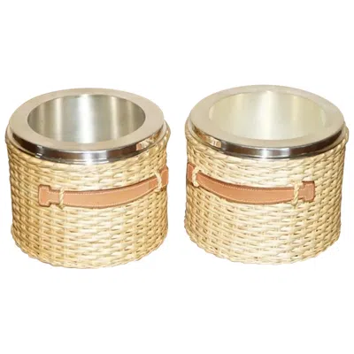 Pre-owned Hermes Pair Of  Kelly Wicker & Brown Leather Picnic Champagne Buckets Part Suite