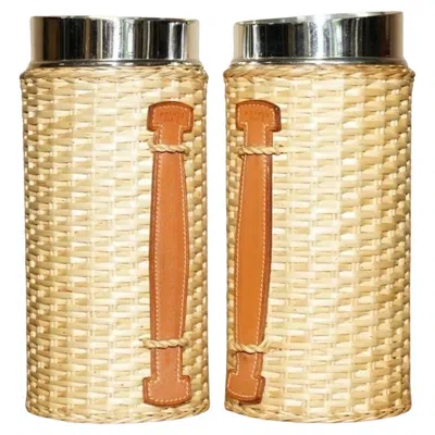 Pre-owned Hermes Pair Of  Kelly Wicker & Brown Leather Picnic Pitcher Jugs Part Of Suite