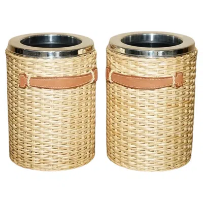 Pre-owned Hermes Pair Of  Paris Kelly Wicker & Brown Leather Picnic Wine Coolers Part Suite