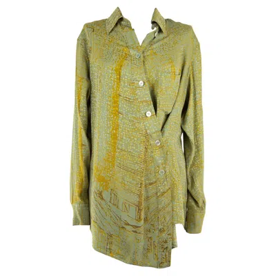 Pre-owned Hermes Hermès Pale Green And Mustard Asymmetric Printed Silk Shirt In Yellow