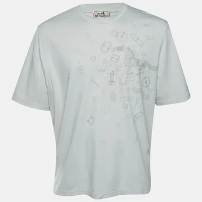 Pre-owned Hermes Pale Grey Fragments Équestres Cotton Crew Neck T-shirt Xl