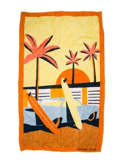 Pre-owned Hermes Palm Trees And Surfboards Beach Towel In Multi