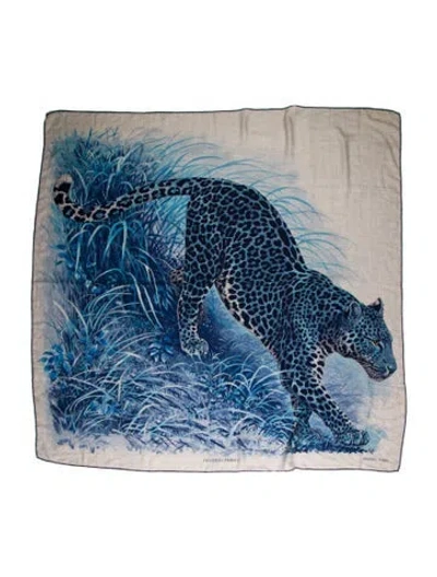 Pre-owned Hermes Panthera Pardus Silk Shawl In Blue