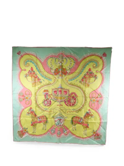 Pre-owned Hermes Paperoles Horse-print Silk Scarf In Yellow