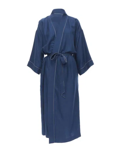Hermes Paris 100% Cashmere Hand Woven Suede Leather H Logo Belted Robe In Blue