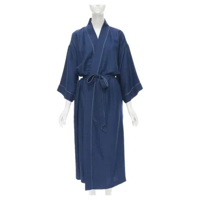 Pre-owned Hermes Paris 100% Cashmere Hand Woven Suede Leather H Logo Belted Robe L In Purple