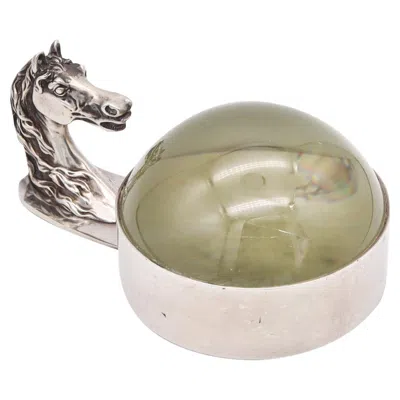 Pre-owned Hermes Paris 1960 Vintage Horse Motif Desk Magnifier Glass In Silver In Sand