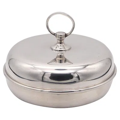 Pre-owned Hermes Paris 1960 Vintage Modernist Desk Box Round Covered Dish In Silver