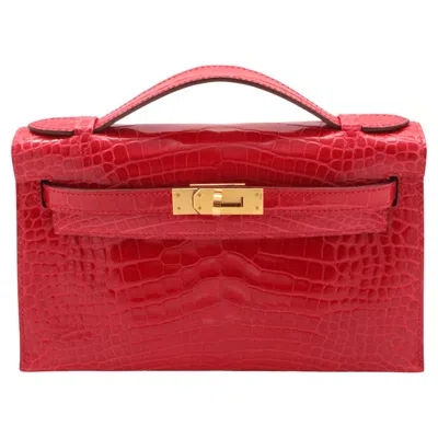 Pre-owned Hermes Hermès Paris 2017 Kelly Pochette In Braise Alligator With Gold Hardware Full Set In Red