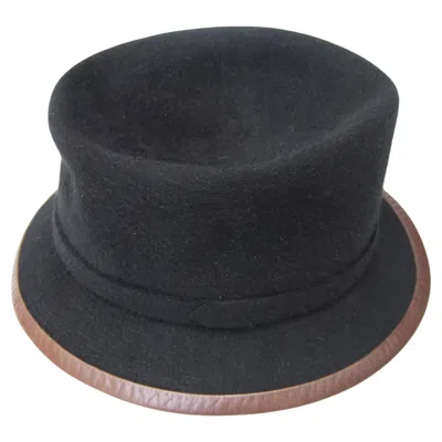 Pre-owned Hermes Paris Black Wool Leather Trim Hat Labeled Motsch Chapeaux Pour