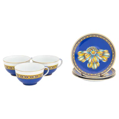Pre-owned Hermes Paris "cocarde De Soie" Porcelain Tea Service For 3 In Gray