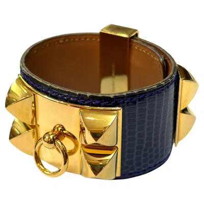 Pre-owned Hermes Paris Collier De Chien Cdc Bracelet Blue Lizard Exotic Leather & Gold