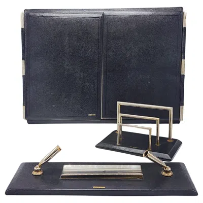 Pre-owned Hermes Paris Desk Set In Black Leather And Silver Metal