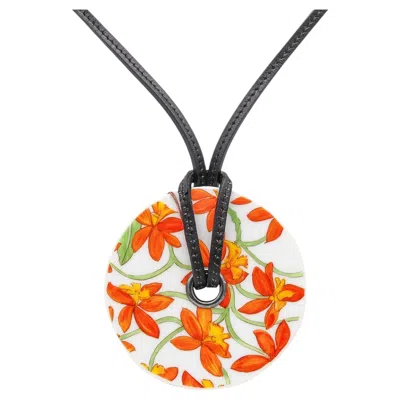 Pre-owned Hermes Paris Jardin Des Orchidees Porcelain & Leather Necklace In Hermès Box In Purple